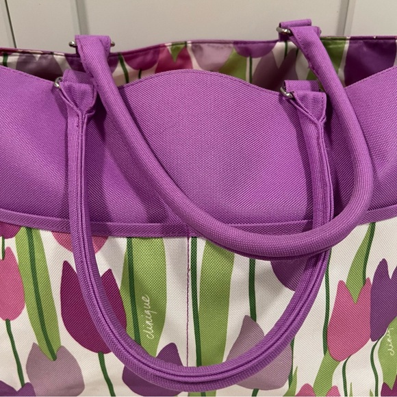 CLINIQUE 4 Outer Pocket Large Tulip Print Tote Bag | Purple Pink Green Floral - Picture 2 of 12